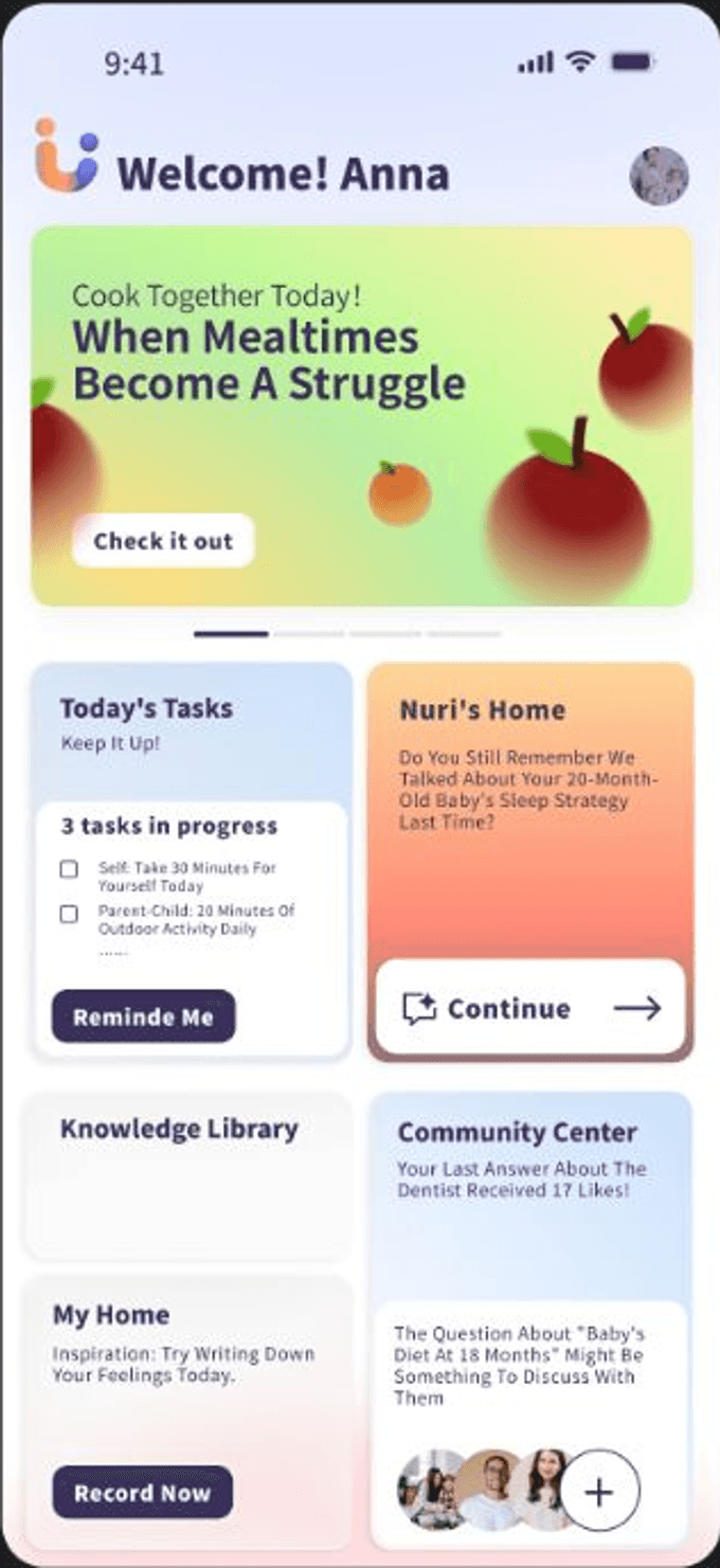 NURI home screen showing personalized parenting content, tasks, conversations, and community